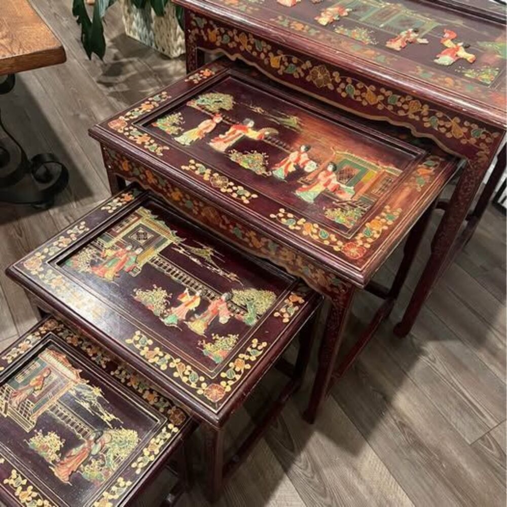 Imported Chinese Nesting Tables, Full Set of 4, Hand Painted Gilding, Burgandy
